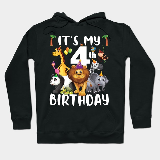 Its My 4th Birthday Safari Jungle Zoo Lovers Birthday Party Hoodie by Sowrav